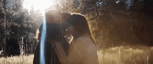 a man and woman are kissing in a field with the sun shining through the trees behind them .