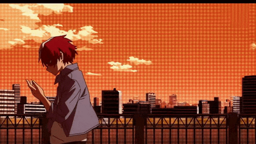 a man with red hair stands in front of a city skyline