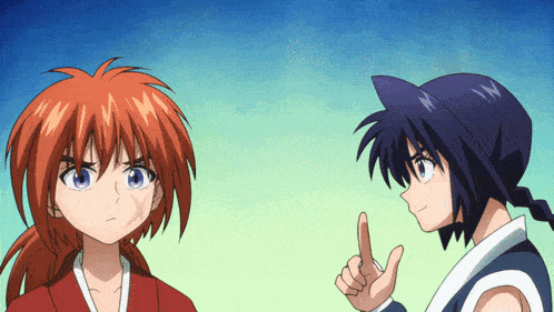 two anime characters are standing next to each other with one pointing