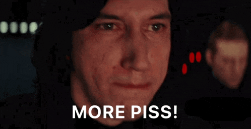 a close up of a man 's face with the words more piss written on the bottom