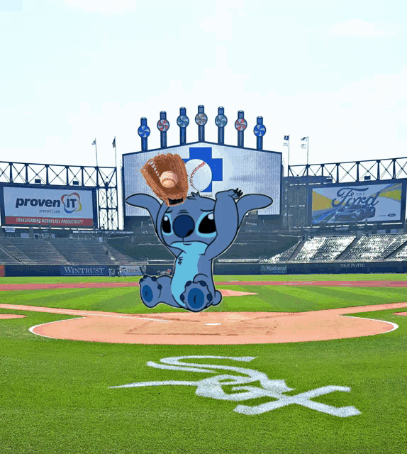 a cartoon of stitch on a baseball field with a ford ad behind him