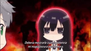 a girl with long black hair is standing in front of a fire and a man .