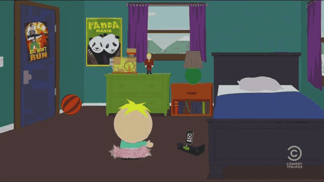 a cartoon character in a room with a panda mania poster on the wall