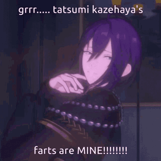 a purple haired anime character pointing at the camera with the caption farts are mine !!!