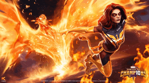 an advertisement for marvel contest of champions shows a woman in a phoenix costume