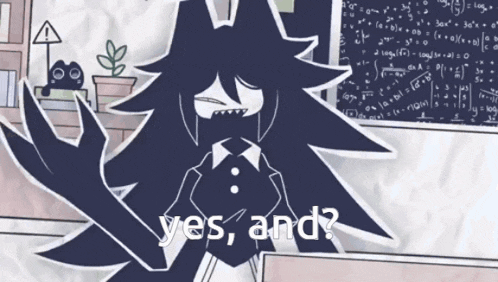 a cartoon character says yes and stands in front of a chalkboard