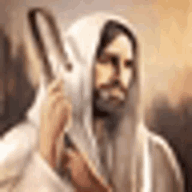 jesus is wearing a white robe and holding a sword in his hands .