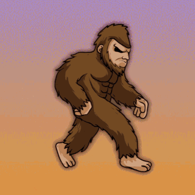 a cartoon drawing of a bigfoot with a beard on a purple background