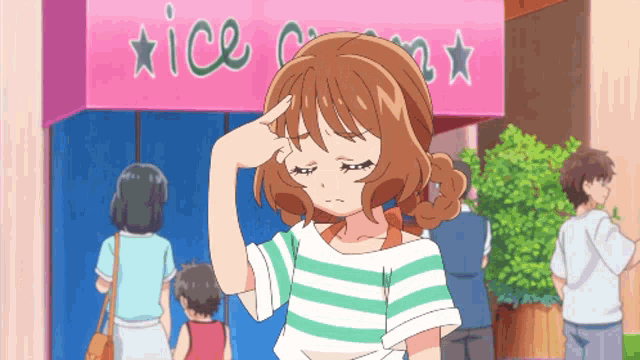 a girl is standing in front of a pink sign that says ice cream