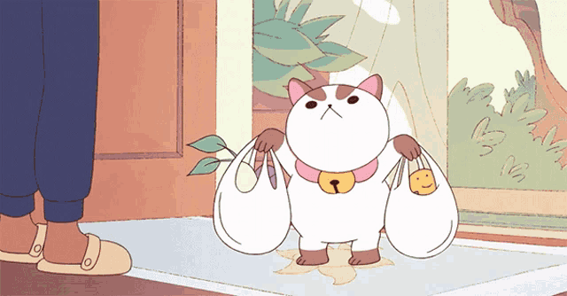 a cartoon cat with a bell around its neck is holding a bag of food
