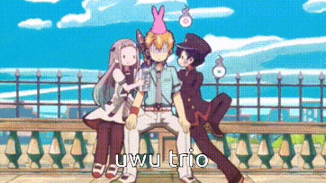 a group of anime characters are standing next to each other on a fence .