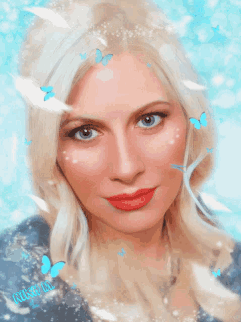 a painting of a woman with butterflies on her face and the name nicole on the bottom