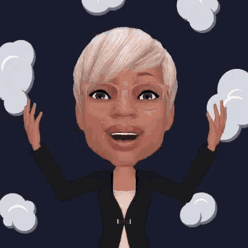 a cartoon of a woman with her arms in the air and a cloud in the background
