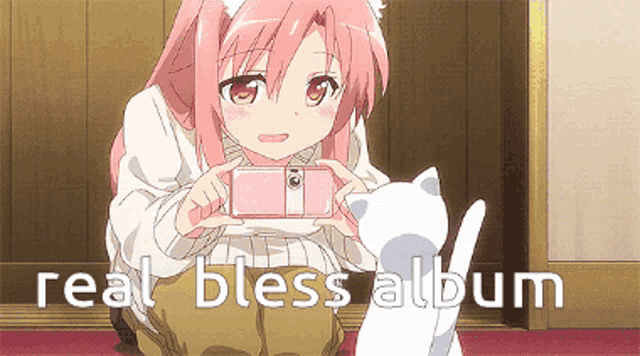 a girl taking a picture of a cat with the words real bless album