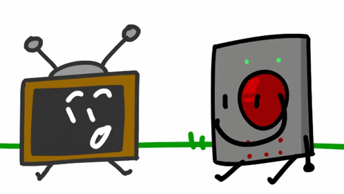 a cartoon drawing of a tv with a red button