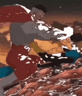 a cartoon of a man holding another man in a pile of meat