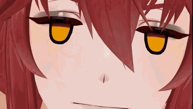 a close up of a cartoon character with red hair and orange eyes