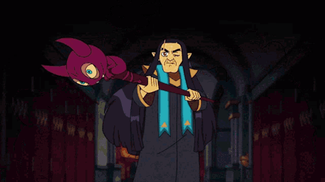 a cartoon of a man holding a cane in front of a glowing circle