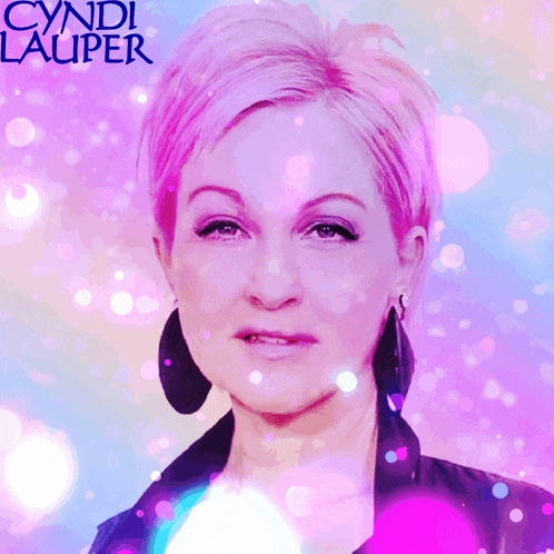 a cyndi lauper poster with a pink haired woman