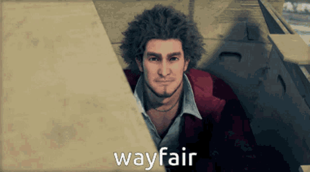 a man in a red jacket is peeking out from behind a wall with the word wayfair written on it