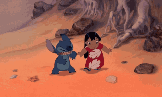 stitch and a girl playing with a ball on the beach