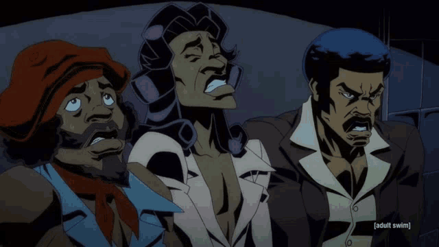 a cartoon of three men with the words adult swim on the bottom