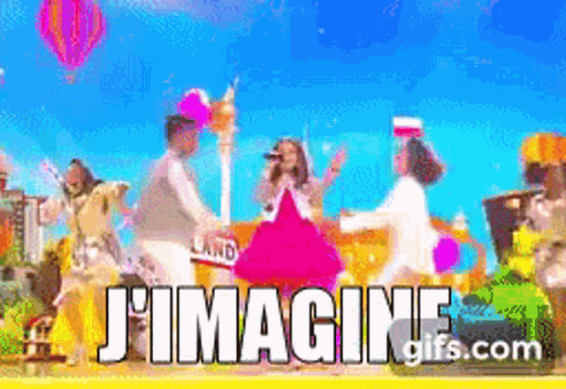a group of children are dancing in front of a hot air balloon and the words j imagine