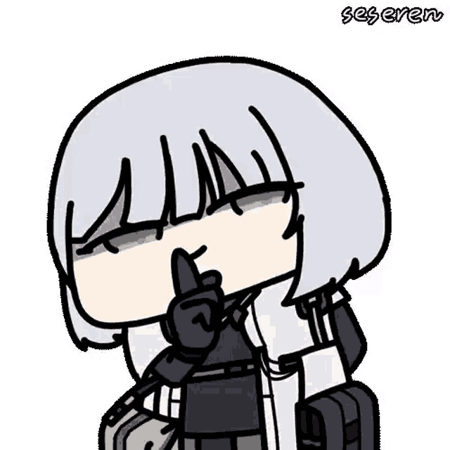 a cartoon of a girl with white hair holding her finger to her lips .