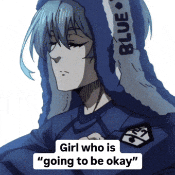 a girl with blue hair is wearing a blue hoodie that says blue on it