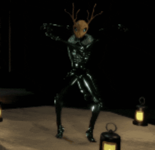 a computer generated image of a monster with antlers standing in a dark room