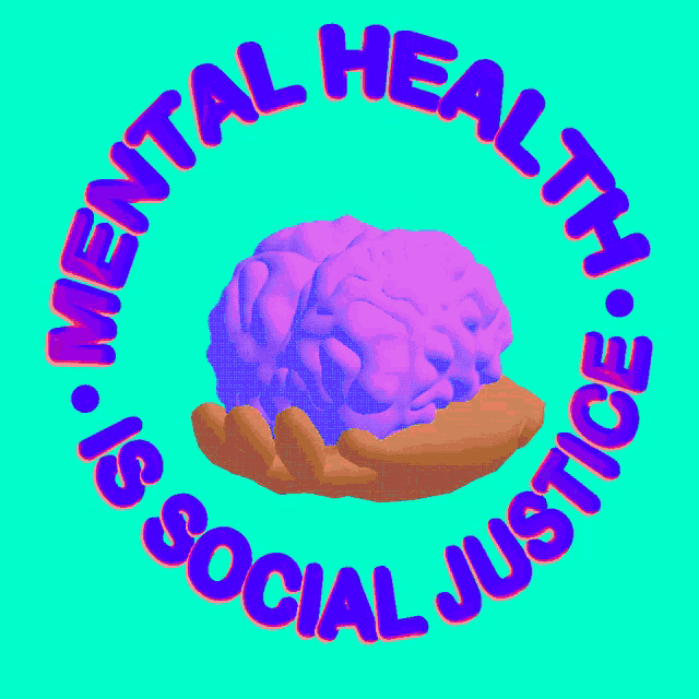 a logo for mental health and social justice shows a hand holding a purple brain