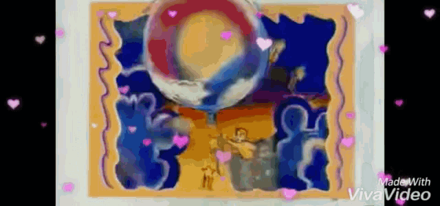 a cartoon drawing of a hot air balloon with hearts flying around it