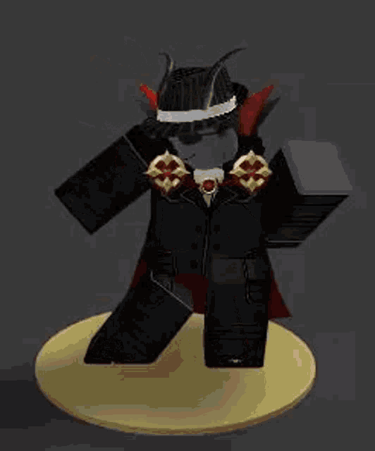 a roblox character dressed as a vampire is standing on a yellow podium .