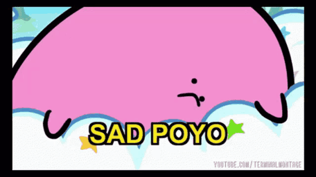 a cartoon of a pink whale with the words sad poyo in yellow letters