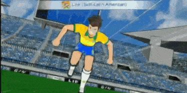 a cartoon of a soccer player running on a field with a sign that says skill latin american