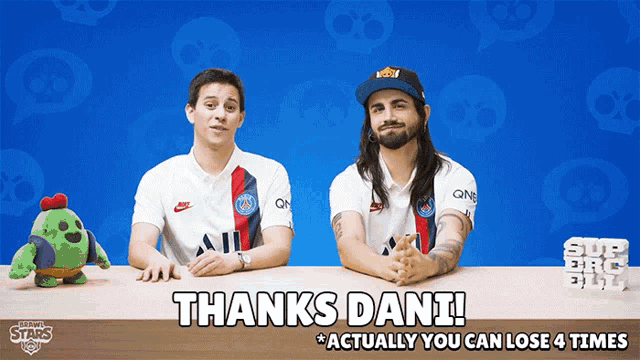 two men are sitting at a table with the words thanks dani actually you can lose 4 times on the bottom