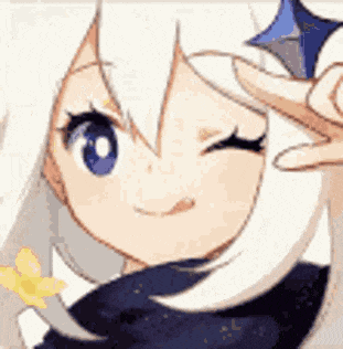 a close up of a girl with white hair and blue eyes making a peace sign with her hand .