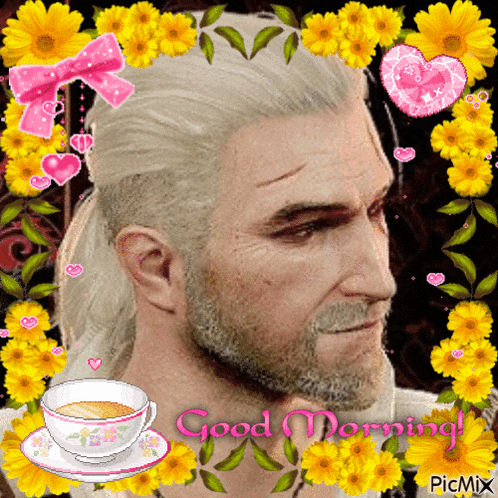 a man with a ponytail and a cup of coffee is surrounded by yellow flowers and says good morning