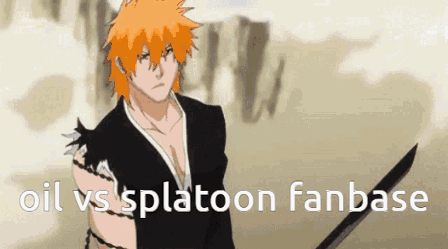 a cartoon character with orange hair is holding a sword and the words oil vs splatoon fanbase are above him