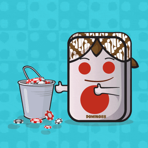 a cartoon drawing of a domino with a bucket of chips