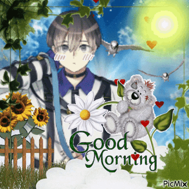 a picture of a boy and a teddy bear with the words good morning on the bottom