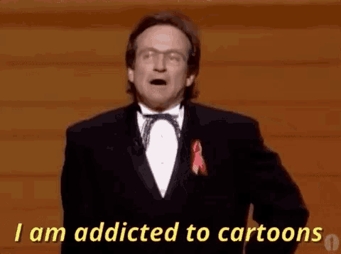 a man in a tuxedo is talking about being addicted to cartoons .