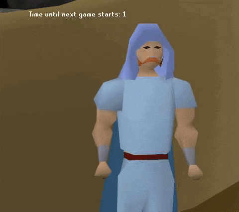 a cartoon character with a blue hood and a beard is standing in a desert .