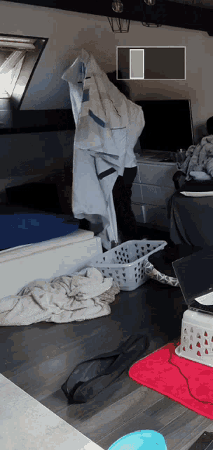 a person is standing in a living room with a laundry basket