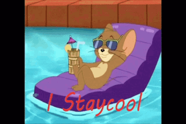 a cartoon of jerry wearing sunglasses and holding a drink in a pool with the words " stay cool " written below him