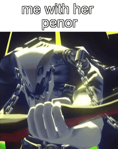 a video game character with chains around his neck and the words " me with her penor " on the bottom