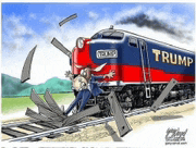 a cartoon of a trump train crashing into a man on the tracks .