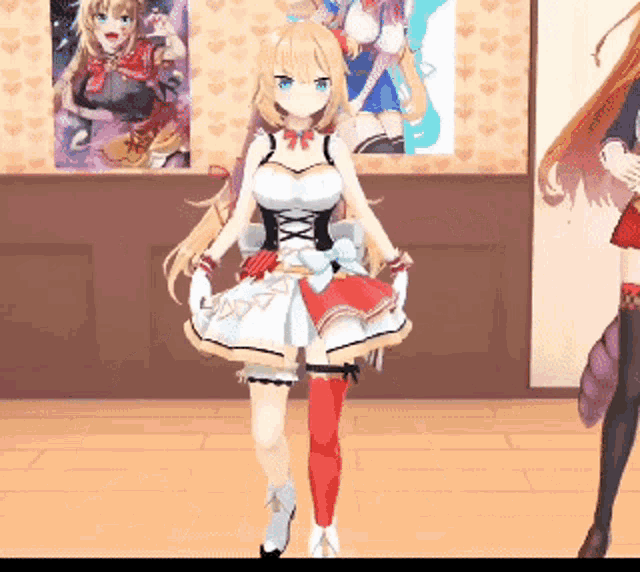 two anime girls are standing next to each other on a wood floor