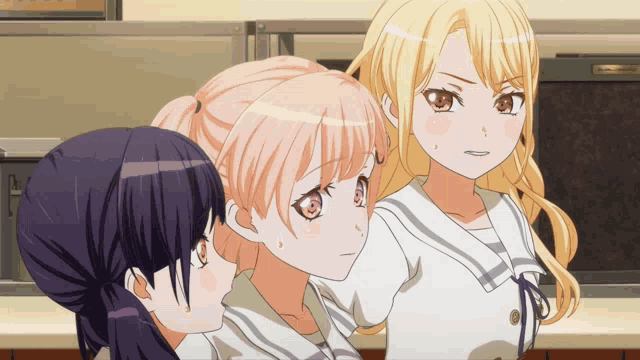 three anime girls are standing next to each other and one has a ponytail