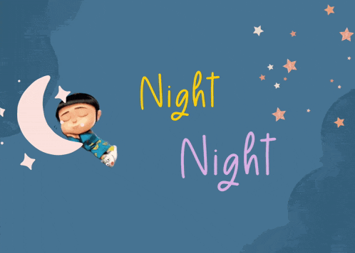 a cartoon character sleeping on a crescent moon with the words night night below